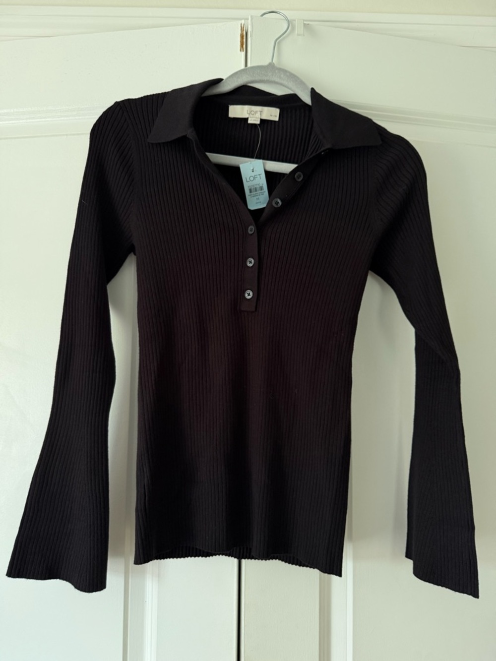 Petite LOFT Black Ribbed Long-Sleeve Button Polo